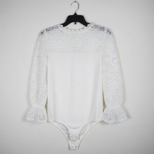 Express Floral Lace Puff Long Sleeve Thong Bodysuit White Women's Size Medium